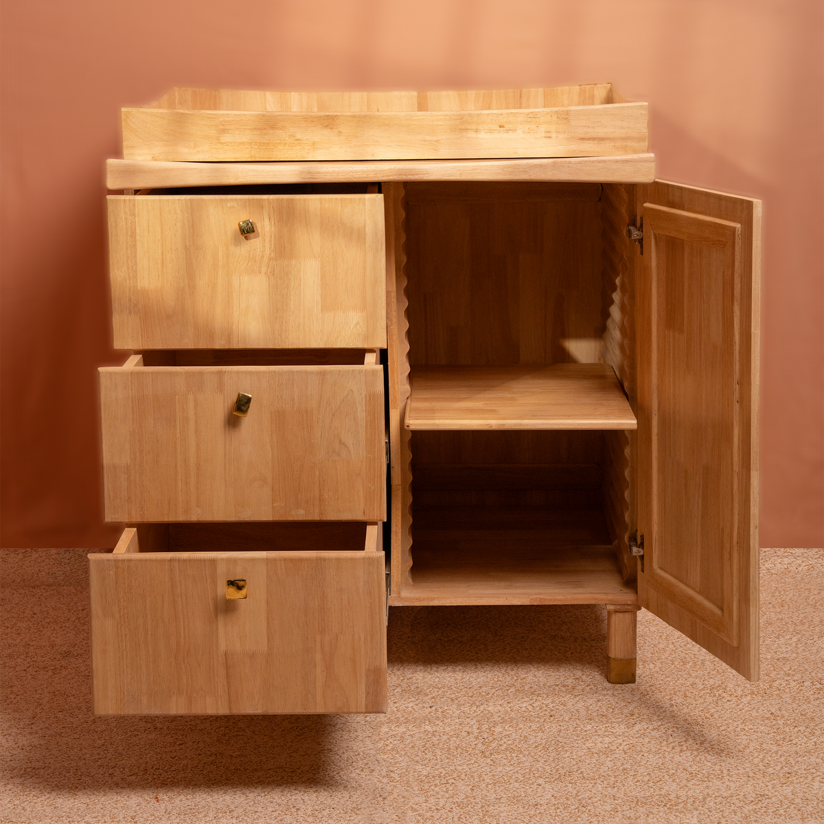 Natural Wooden cabinet with drawers and closet adjustable height changeable knobs, on a beige floor and wall.