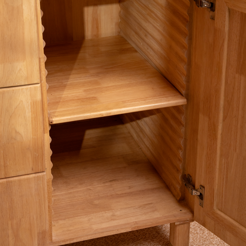 Wooden cabinet with open door revealing adjustable shelves inside.