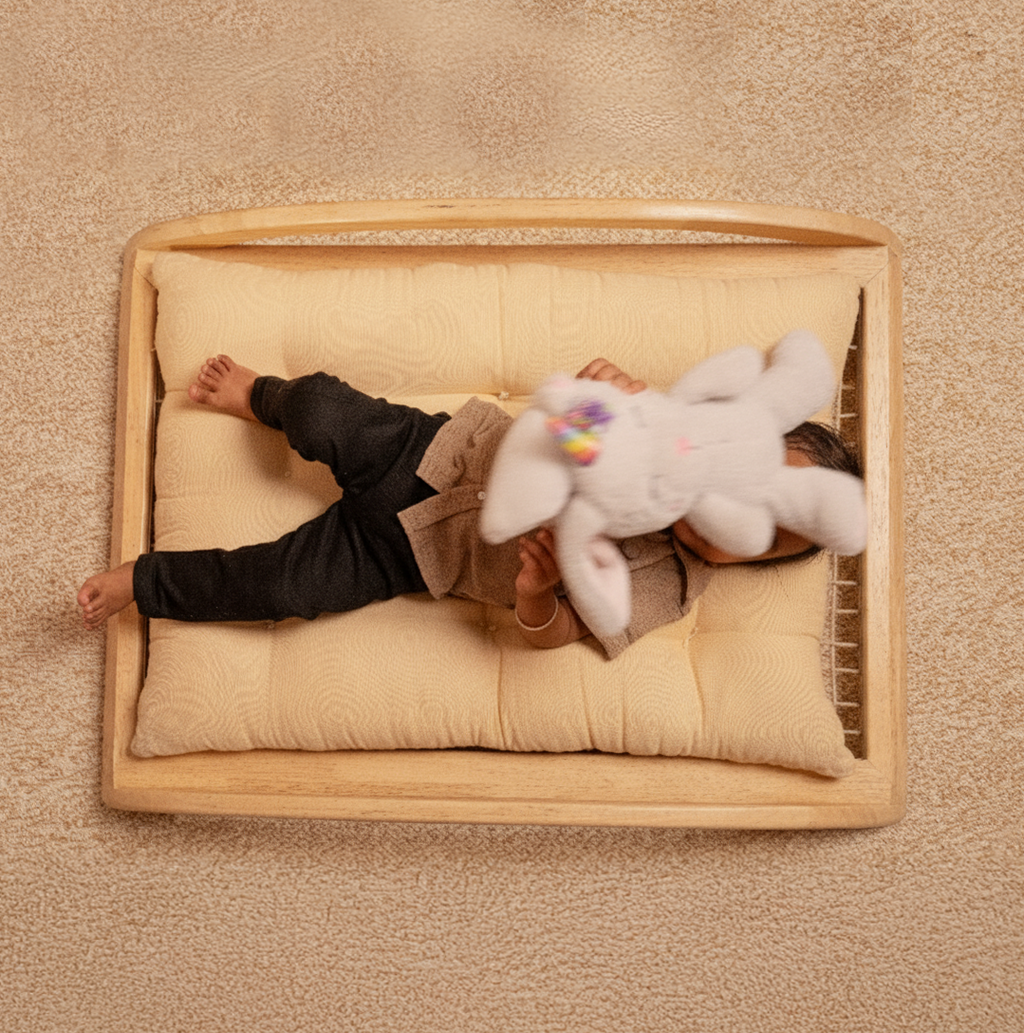 Child lying on a wooden bed with a plush toy, top-down view